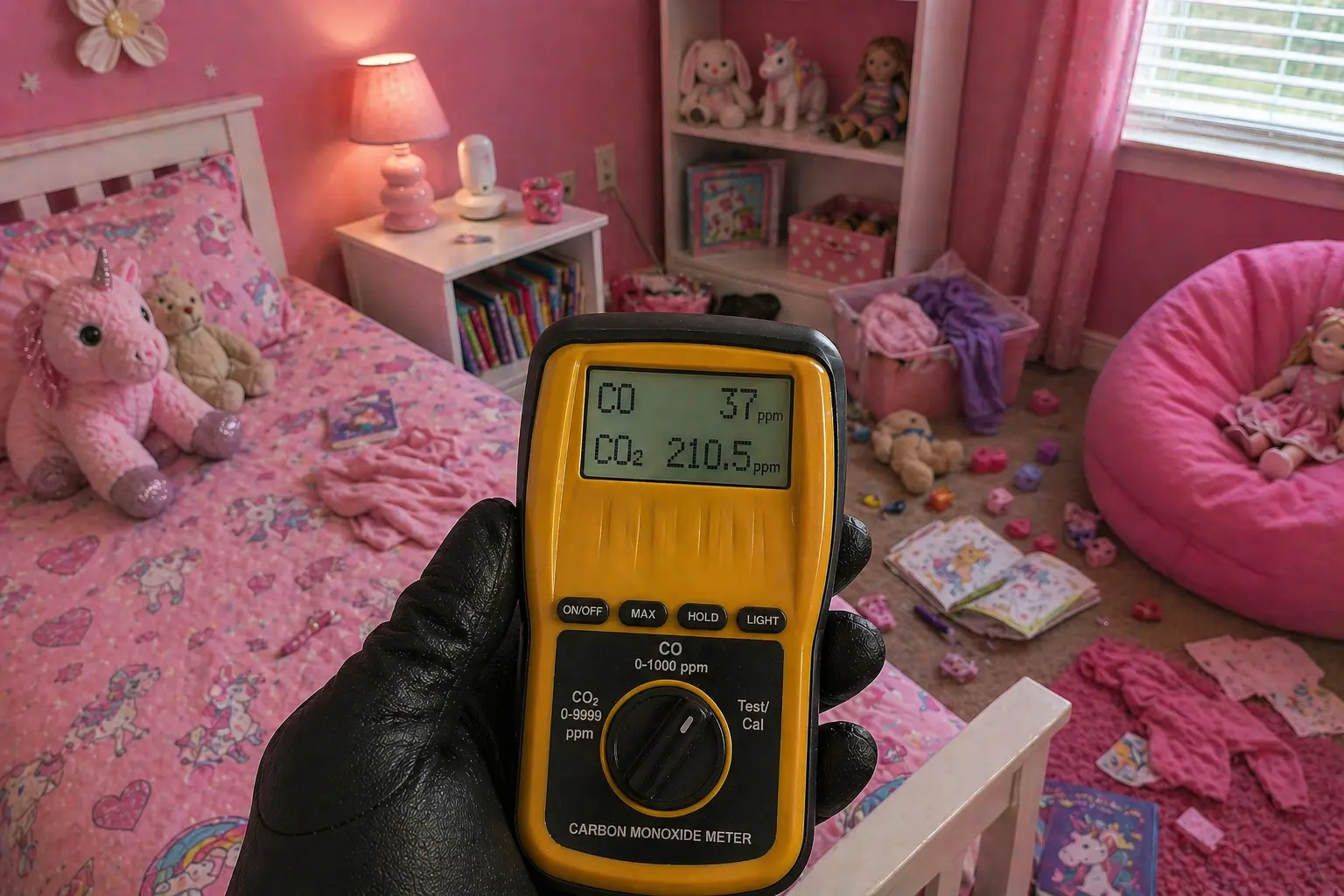 Yellow handheld CO meter showing 37 PPM in kid's bedroom