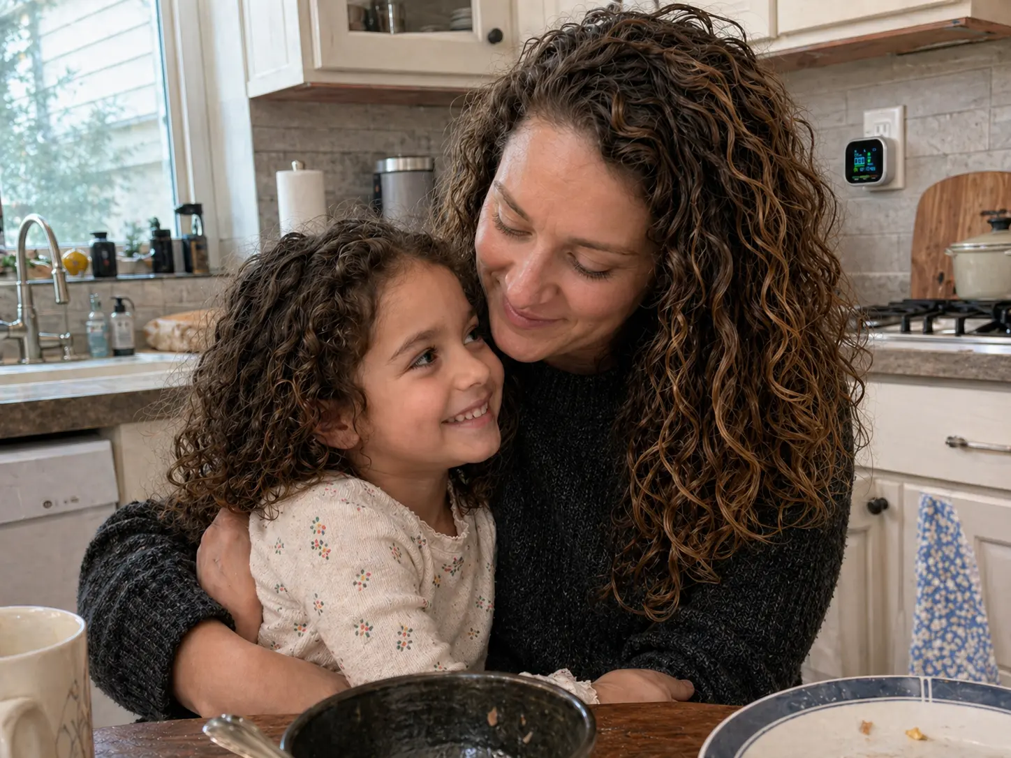 Mom and daughter happy in their kitchen with {process.env.MAIN_PRODUCT_NAME} detector mounted on wall