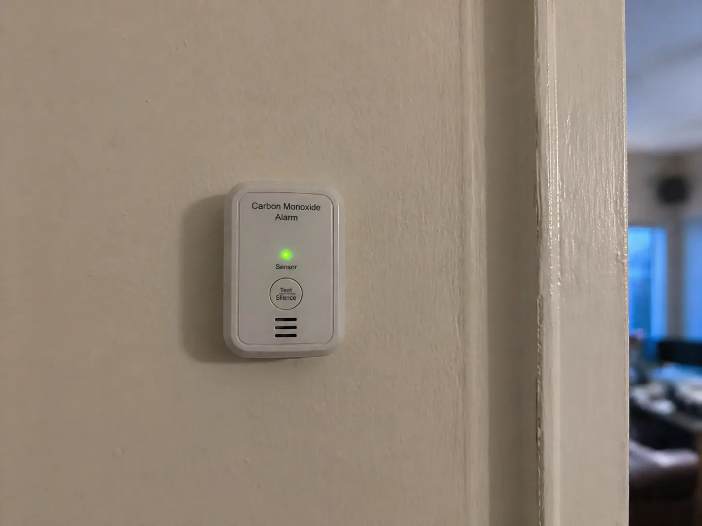 Old CO detector mounted on hallway wall, green light on